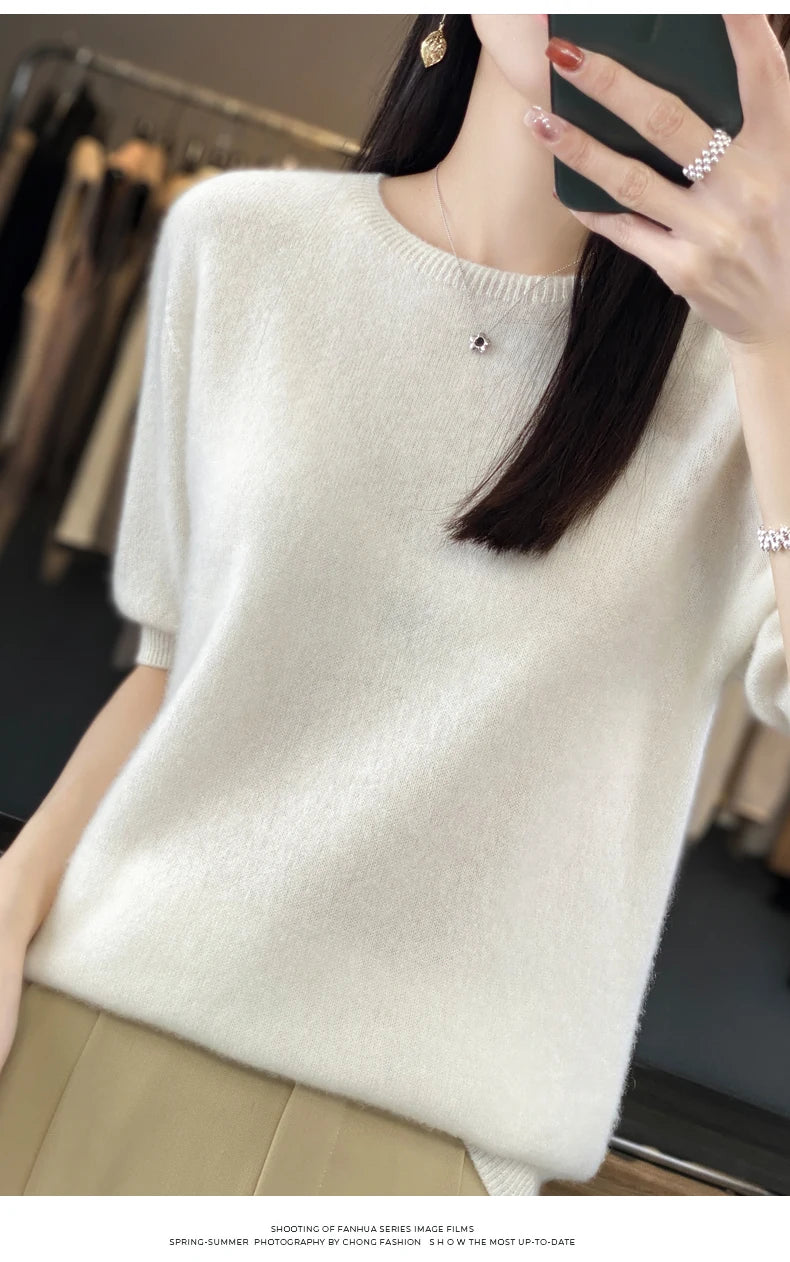 100% Merino wool women's O neck knitted T-shirt Korean pullover short sleeve sweater women's basic solid color half sleeve women