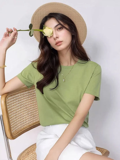 SuyaDream Women Solid T shirts, Silk Cotton Blend, O Neck, Short Sleeved Solid Tee,2025 Summer Candy Colors Basic Cozy Top Green