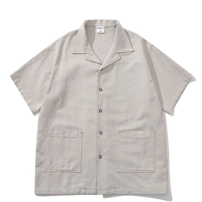 Summer Japanese Retro Amekaji Cuban Collar Workwear Short Sleeved Shirt Men and Women Loose Cotton Five Quarter Sleeved Shirt