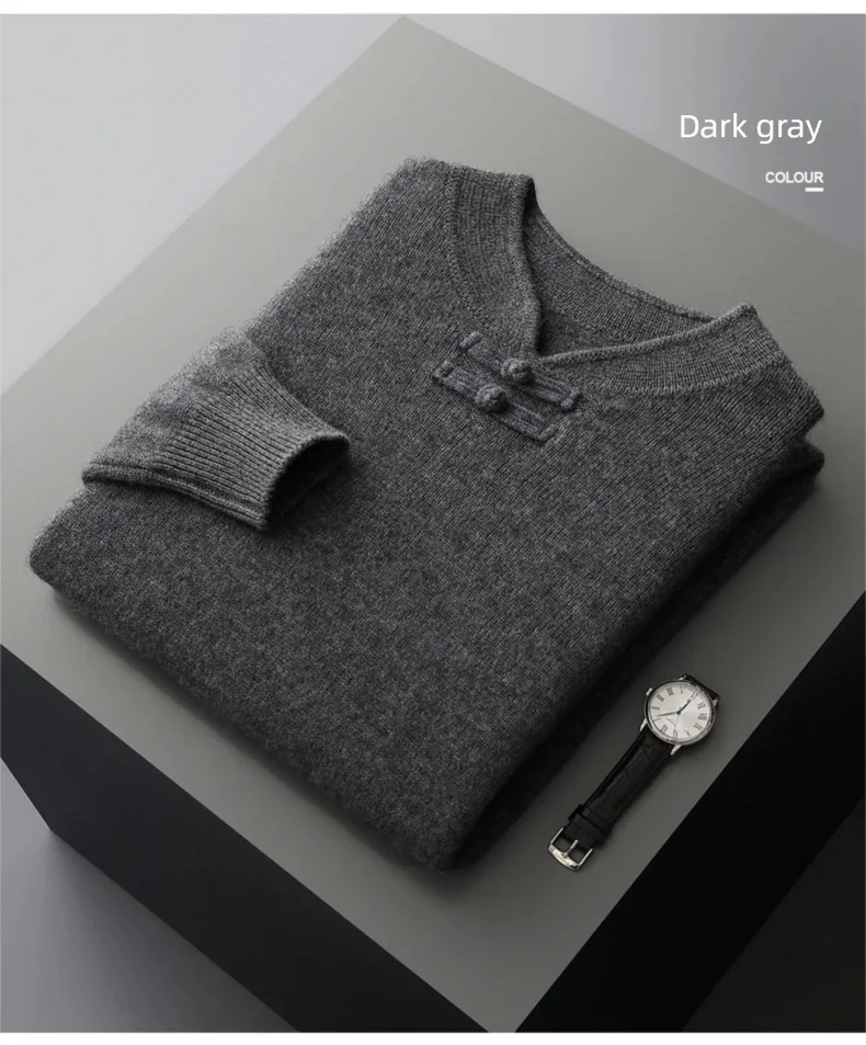 New Chinese Style Men's Pullover 100% Pure Wool Knit Sweater Autumn Winter Retro Stand Collar Long Sleeve Fashion Cashmere Tops