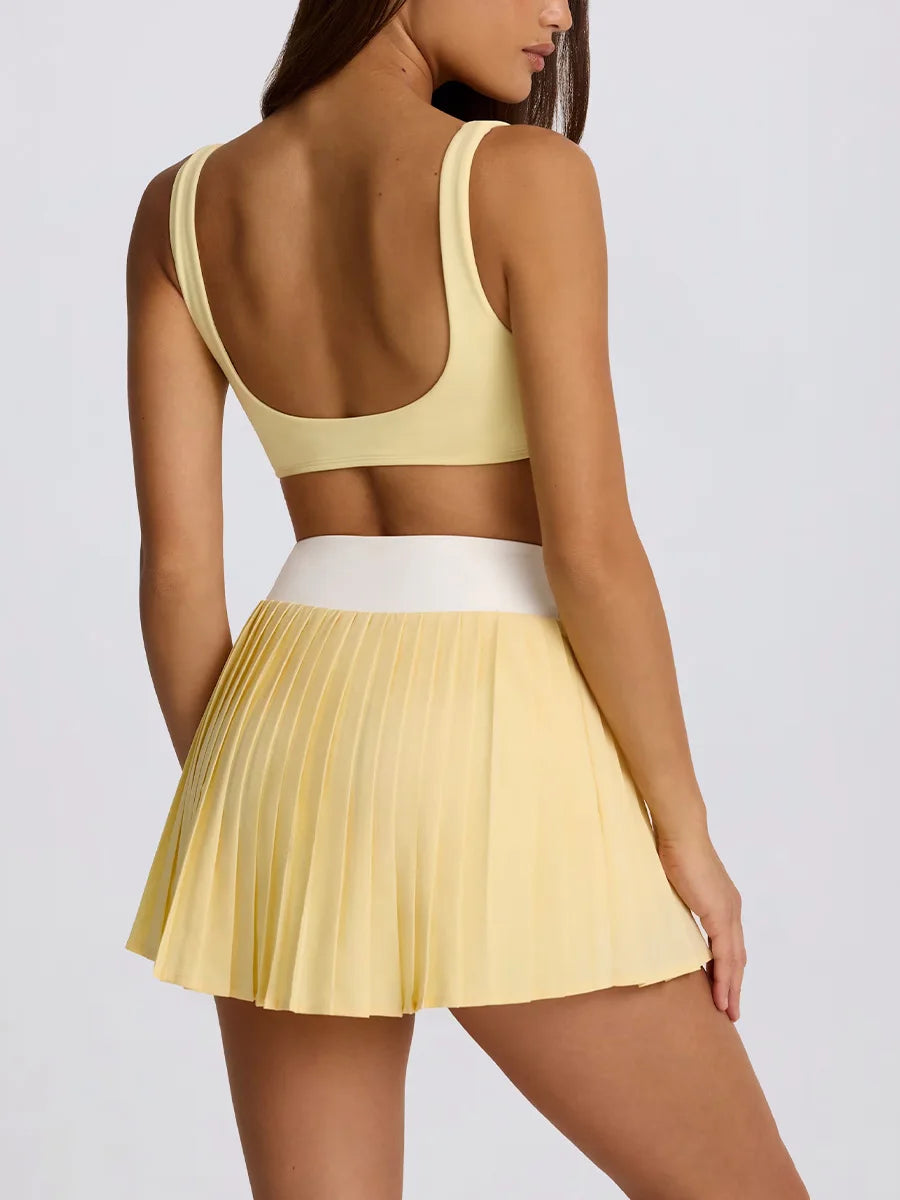 Women's breathable false two pieces, quick-drying, anti-slip, transparent-proof running sports high-waist fitness tennis set