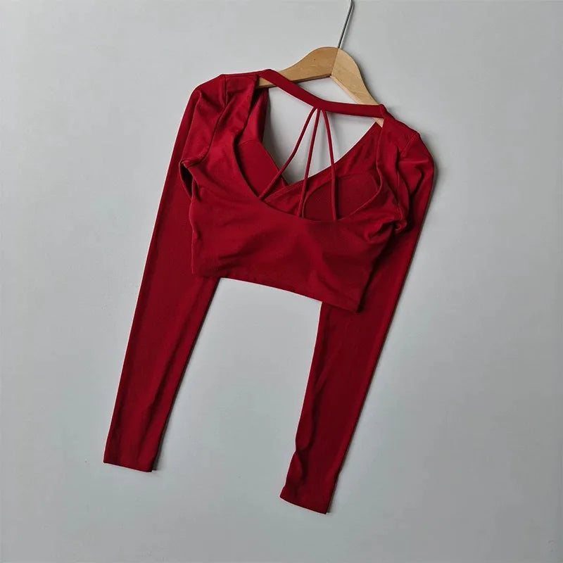 Yoga Top with Chest Pads Cross V-Neck Long Sleeves Women's Slim-Fit Running Training Cropped Navel-Baring Pilates Top  Fitness