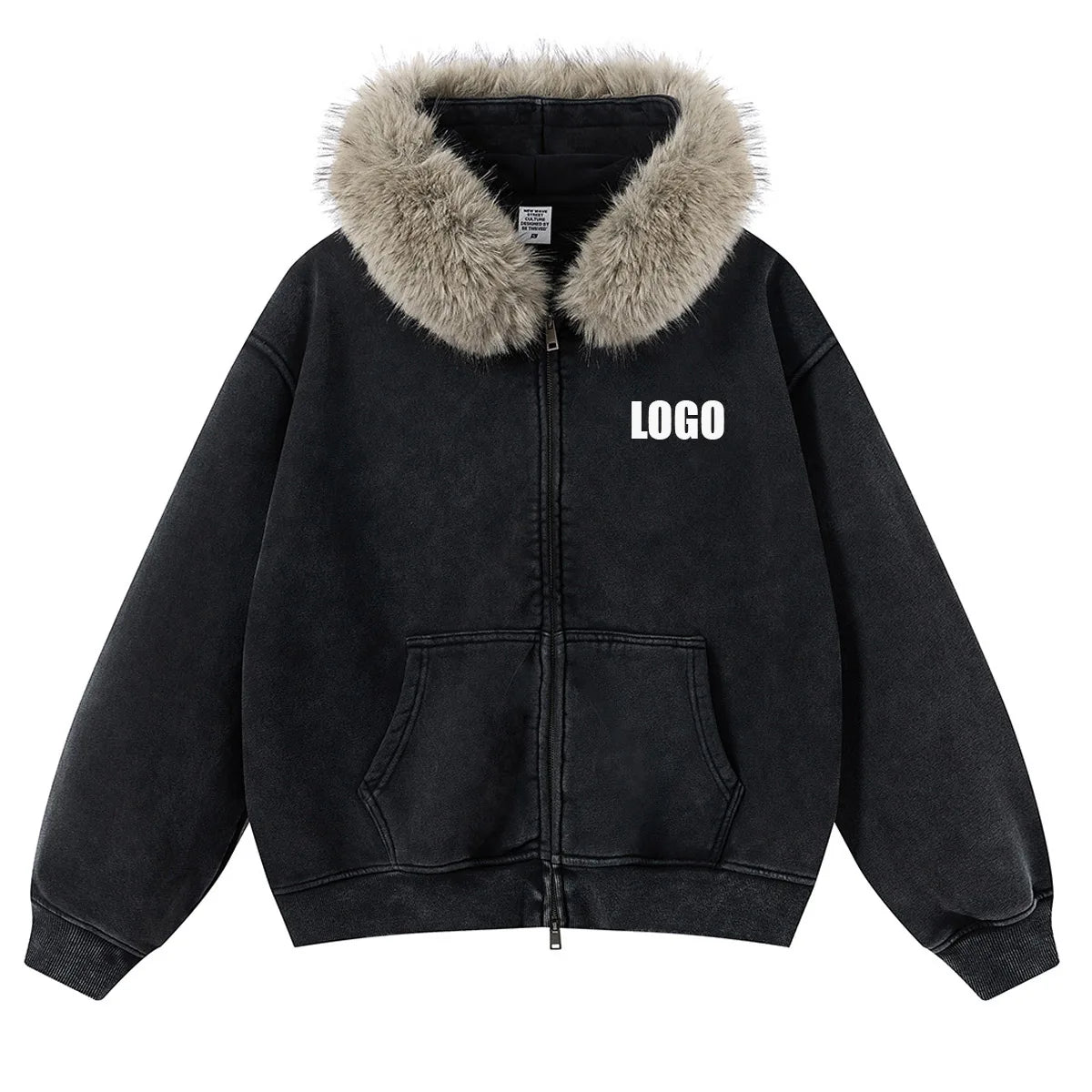 Custom LOGO Men's 400G Autumn Winter Retro Washed Boxy Fleece Collar Plush Thickened  Hooded  Zipper Jacket Couple style set