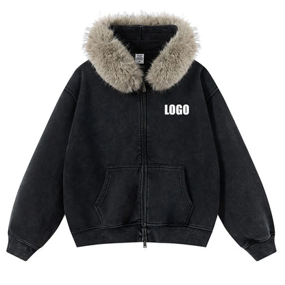 Custom LOGO Men's 400G Autumn Winter Retro Washed Boxy Fleece Collar Plush Thickened  Hooded  Zipper Jacket Couple style set