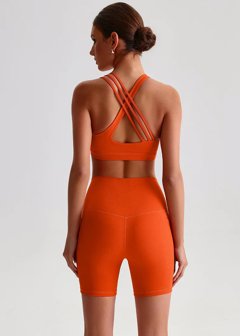 Solid Color High Impact Solid Gym Yoga Set Tight Legging Fitness Cross-back straps Bra Top 2pcs Soft Sport Suit  Women Sportwear
