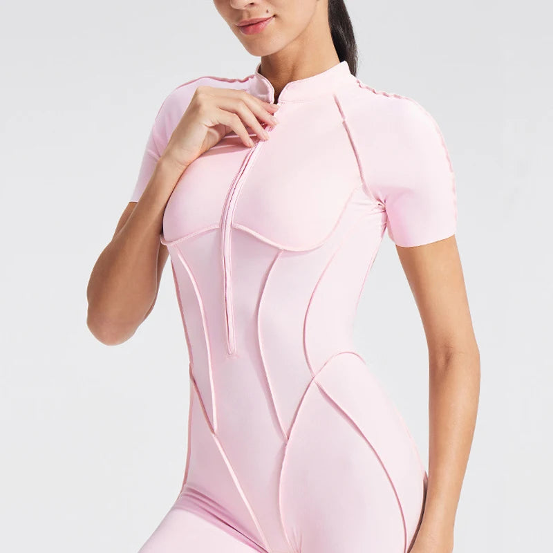 VITALINOVO Women Short Sleeve Workout Jumpsuit Backless Zip Up Romper Bottom Shorts Built-in Bra Bodysuit Bodycon Sexy One Piece