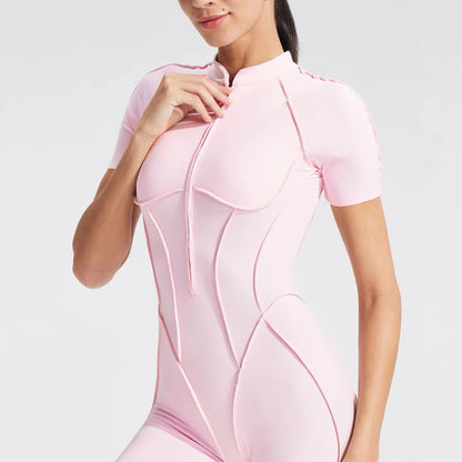 VITALINOVO Women Short Sleeve Workout Jumpsuit Backless Zip Up Romper Bottom Shorts Built-in Bra Bodysuit Bodycon Sexy One Piece