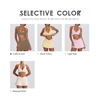 Summer Women Chest Padding And High Elasticity Bra Set 2Pcs Tennis Skirt Sportswear Female Golf Suits Sport Outfit For Woman