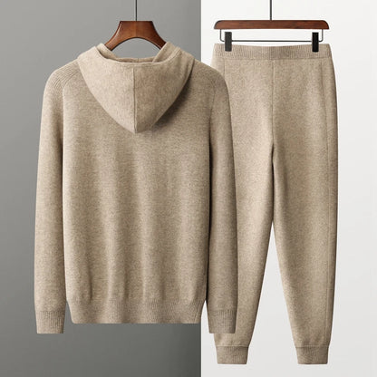 Autumn/Winter Men Sweater Suit Hooded Zipper Pullover Pants Thick Warm Casual Clothing 100% Cashmere Knitwear Trousers Tops