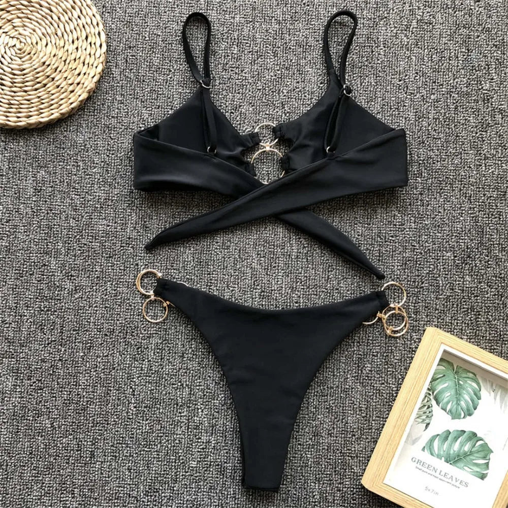 Metal Rings Leopard Brazilian Bikini Women Swimwear Female Swimsuit Two-piece Bikini set Thong Bather Bathing Suit Swim V1441