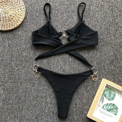 Metal Rings Leopard Brazilian Bikini Women Swimwear Female Swimsuit Two-piece Bikini set Thong Bather Bathing Suit Swim V1441