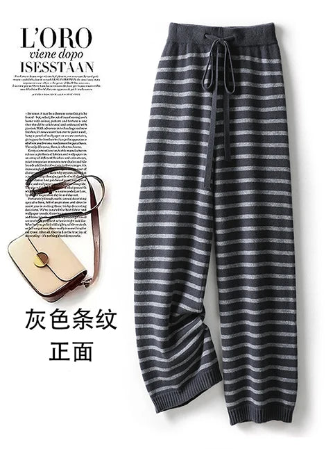 Women's Spring and Autumn 100% Merino Wool 90 Count Knitted Striped Wide Leg Pants