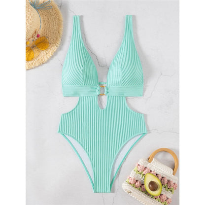 Sexy 8 Colors Deep V Neck Cut Out One Piece Swimsuit Women Swimwear Female High Leg Cut Monokini Bather Bathing Suit Swim V7177