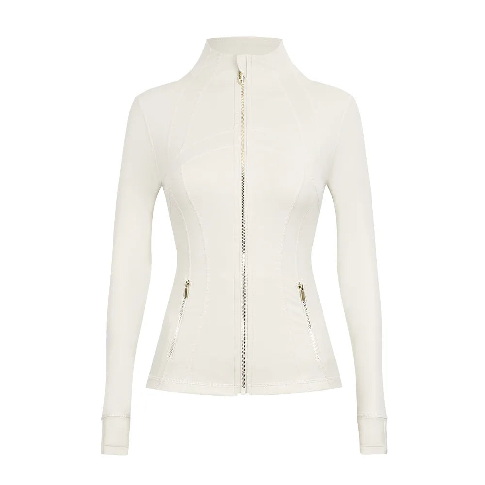 Personalized LOGO custom women's gold zip jacket tight stand-up collar quick-drying fitness running yoga suit 41-color S-3XL top