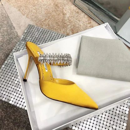 Women's 2022 Pump Summer New Rhinestone Chain Slippers High Heels Stiletto Pointed Shallow Mouth Silk Sandals Outer Wear