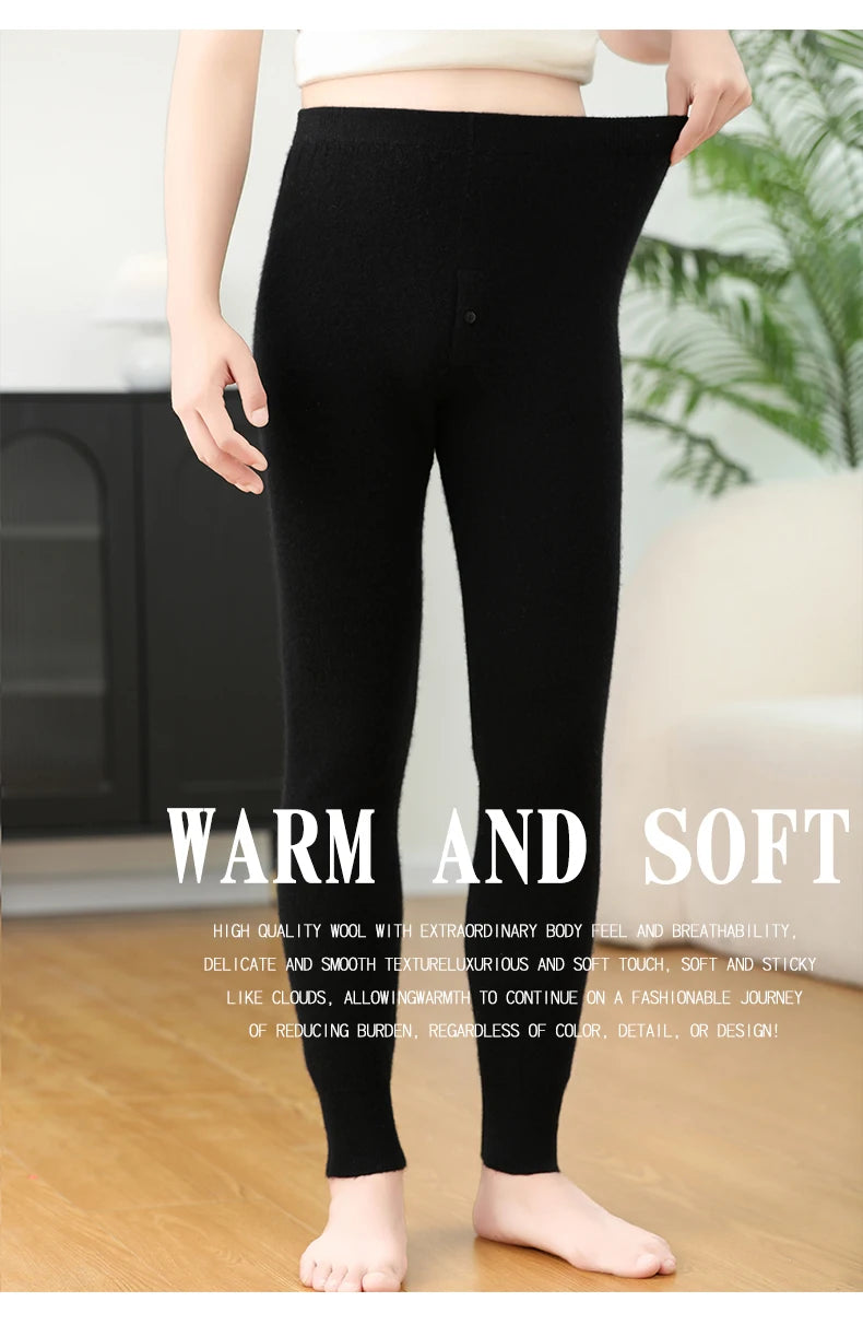 100% Cashmere Knit Leggings Men Winter Wearing Thermal Underwear High Waist Trousers Solid Thicken Elasticity Ankle-Length Pants