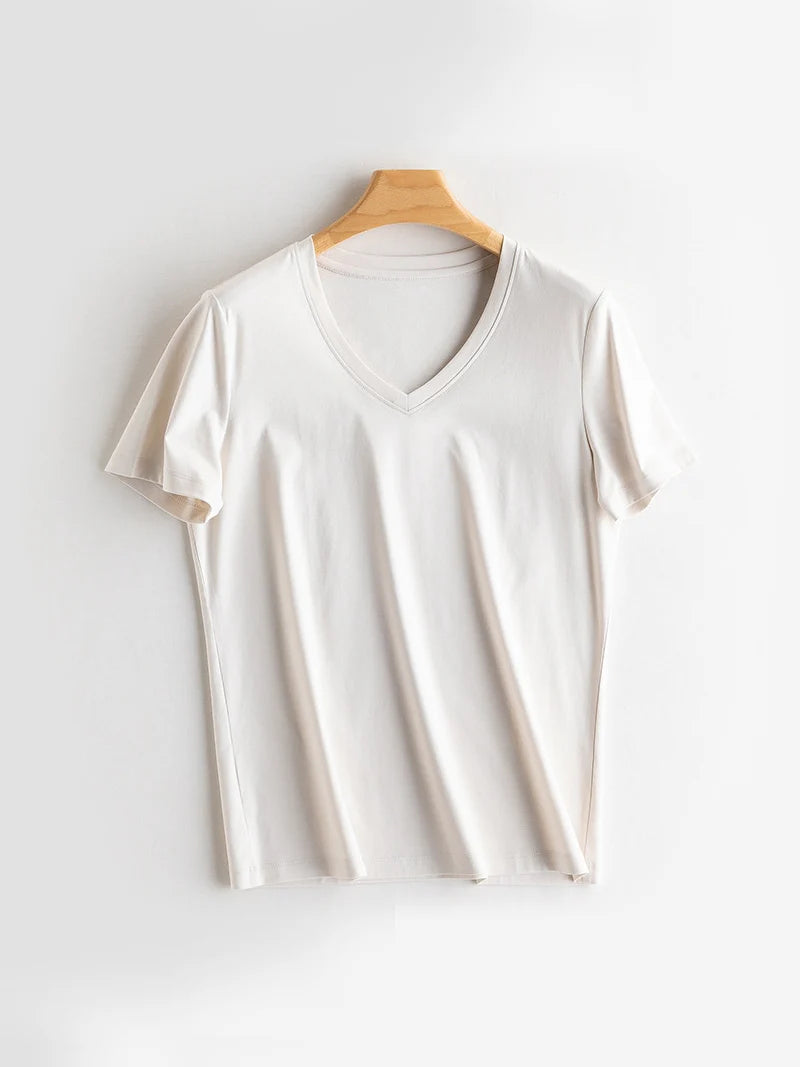 SuyaDream Women Solid T shirts, Silk Cotton Blend, O Neck, Short Sleeved Solid Tee,2025 Summer Candy Colors Basic Cozy Top Green