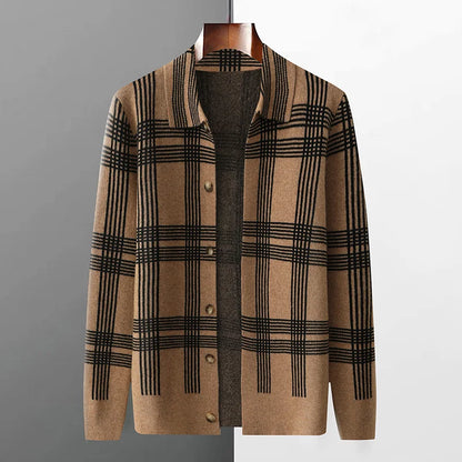 100% Merino Wool Men's Lapel Collar Knit Cardigan Coat 2025 Spring/ Autumn New POLO Neck Grid Suit Shirt Cashmere Jacket Sweater