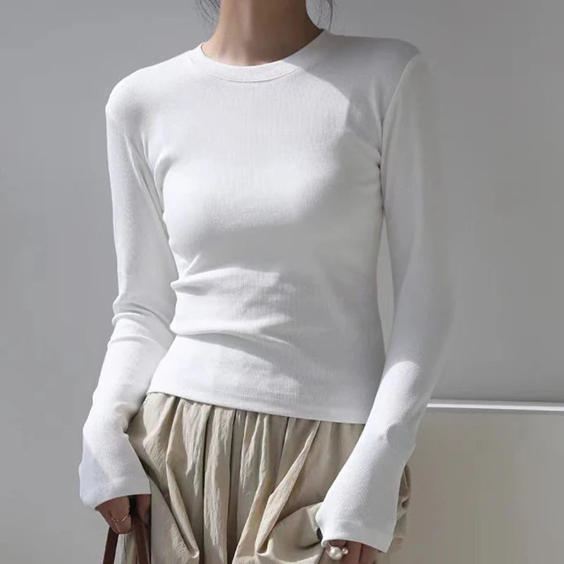 Cotton O Neck Long Sleeve Shirt Women Sexy Cropped Tops 2025 Autumn Black Casual Skinny Slim Basic Woman T Shirts White Clothing