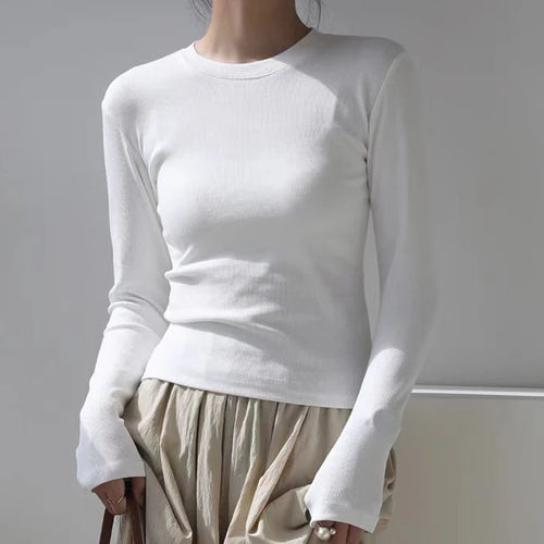 Cotton O Neck Long Sleeve Shirt Women Sexy Cropped Tops 2025 Autumn Black Casual Skinny Slim Basic Woman T Shirts White Clothing