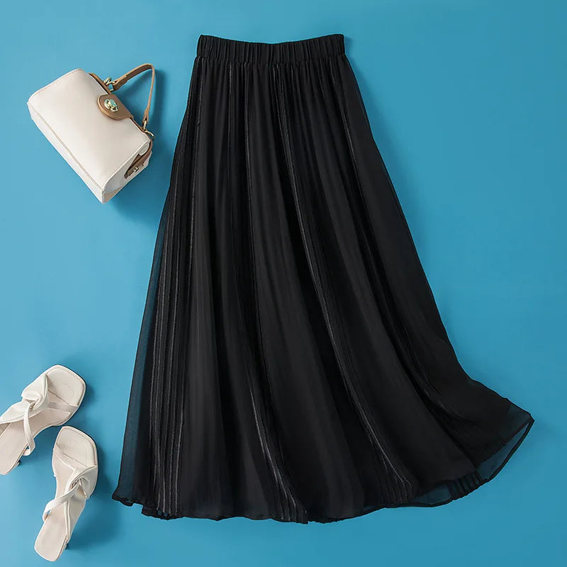 YOLANFAIRY 8mm 100% Real Mulberry Silk Skirts for Women 2026 Summer Solid Elastic Waist Skirt Woman Elegant Black Skirt Fashion