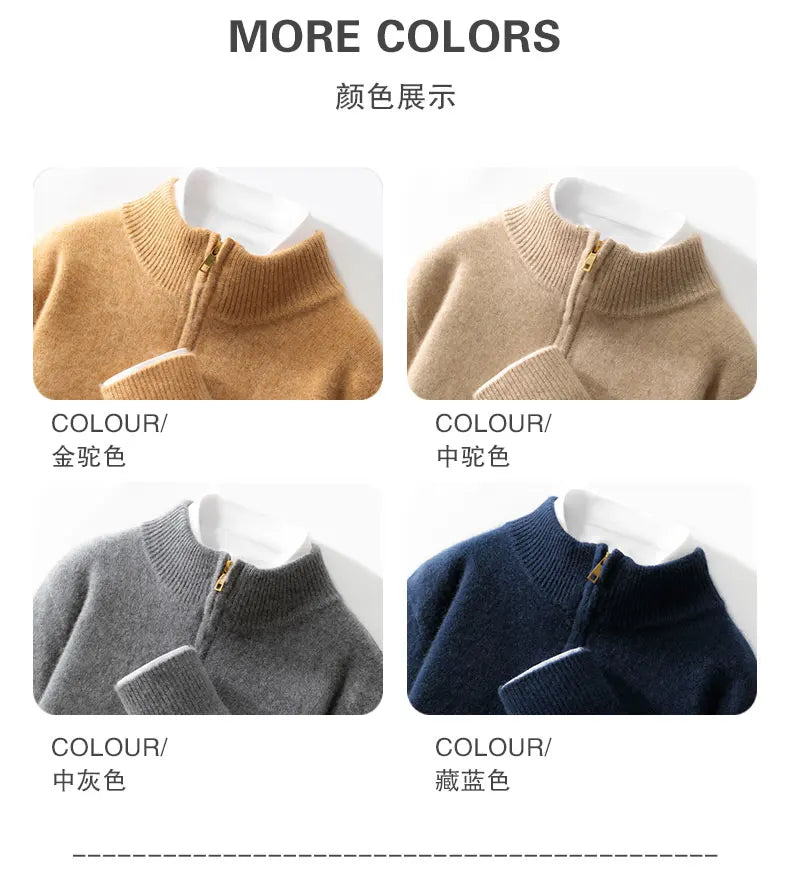 Men's 100% Merino Wool Sweater Half-high Collar Half Zip Thick Pullover Autumn Winter Cashmere Stripe Knitwear Long Sleeved Tops