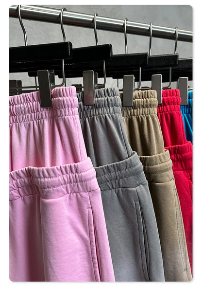 Custom LOGO men's 320G heavy 100% washed and old double waist high waist medium pants loose casual sports five-point shorts
