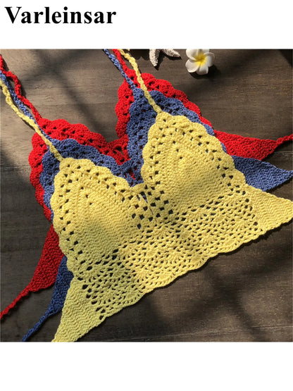 S - XL 9 Colors Crochet Knitted Bikini Top Female Swimsuit Women Swimwear Bather Bathing Suit Swim Hollow Out Beach Top V4193