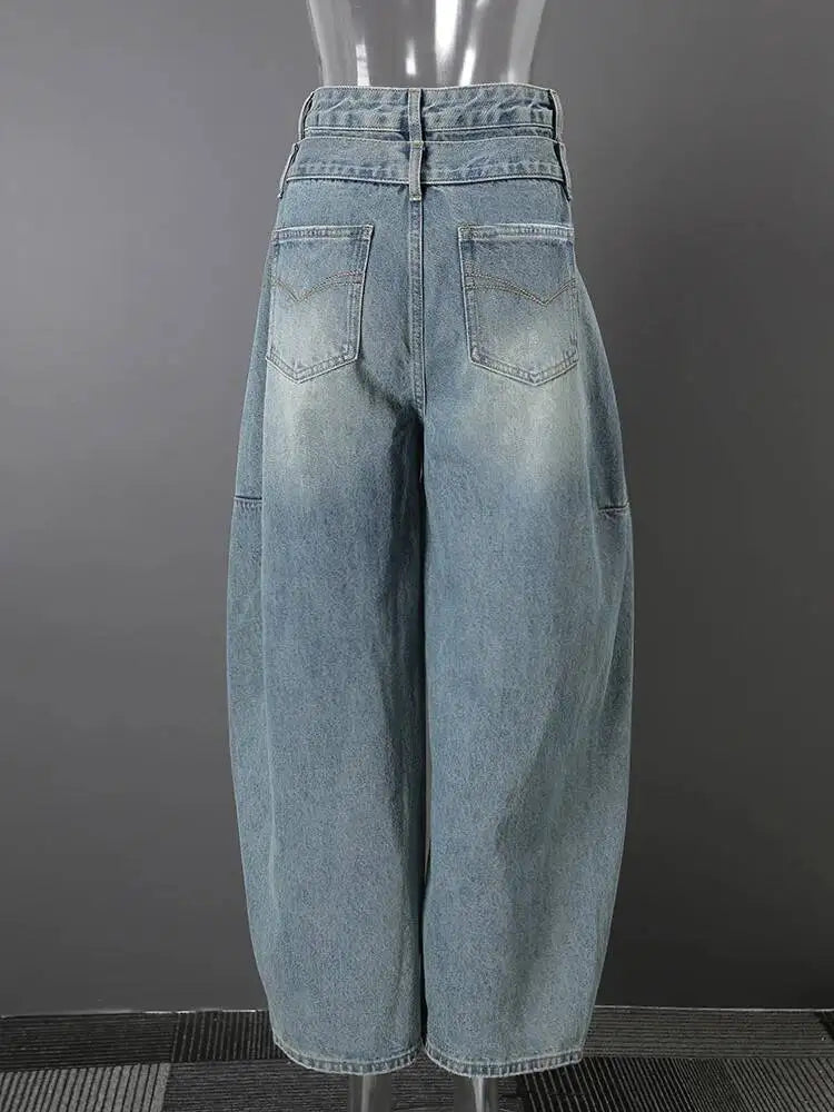 DEAT Fashion Cross Buckle Waist Baggy Jeans Women's High Waist Loose Fit Vintage Blue Denim Pants Sumemr New