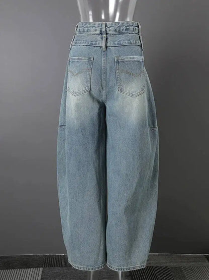 DEAT Fashion Cross Buckle Waist Baggy Jeans Women's High Waist Loose Fit Vintage Blue Denim Pants Sumemr New