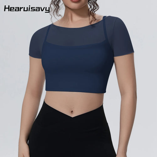 Hearuisavy Women's Mesh Short Sleeve Yoga Top With Padded Bra Fake Two Piece Gym Clothing Quick Dry Sports Crop Top Fitness Top