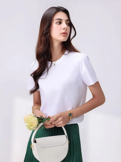 SuyaDream Women Solid T shirts, Silk Cotton Blend, O Neck, Short Sleeved Solid Tee,2025 Summer Candy Colors Basic Cozy Top Green
