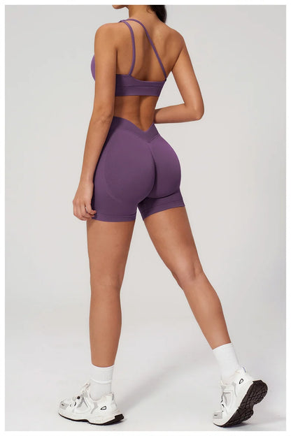 TRY TO BN Seamless Two Pieces Women's Tracksuit Yoga Shorts Set One-shoulder Hollow Backless Fitness Running Workout Gym Clothes