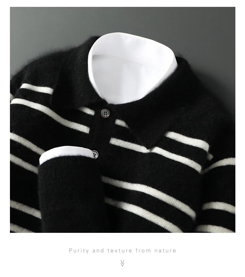 Men Leisure 100% Merino Wool Sweater Polo Collar Knit Pullover Autumn Winter Cashmere Clothing Casual Business Color Stripe Top