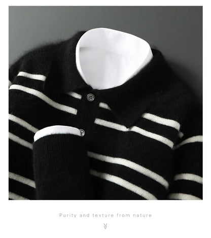 Men Leisure 100% Merino Wool Sweater Polo Collar Knit Pullover Autumn Winter Cashmere Clothing Casual Business Color Stripe Top