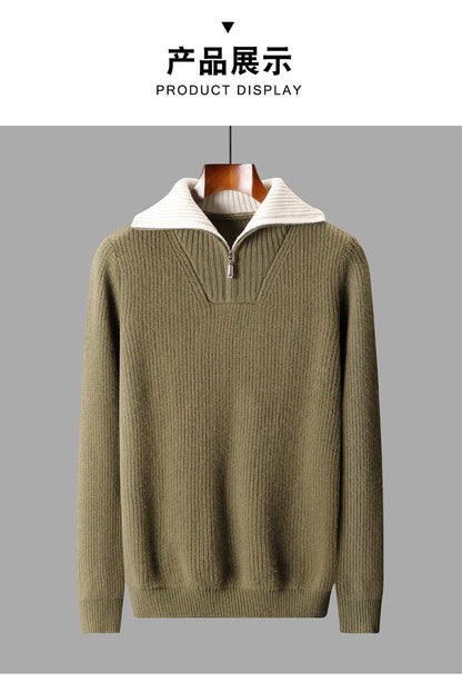 High Quality Men 100% Wool Sweater Turn Down Collar Zippers Pullover 2025 Autumn/Winter Thickened Soft Warm Knitwear Jumper Tops