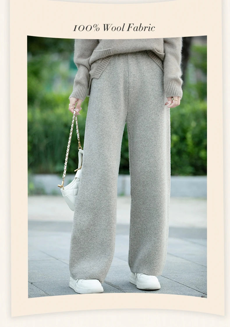 DjzDsm Women's 100% Merino Wool Wide Leg Straight Leg Pants Autumn Winter Thickened Comfortable Fit Trousers