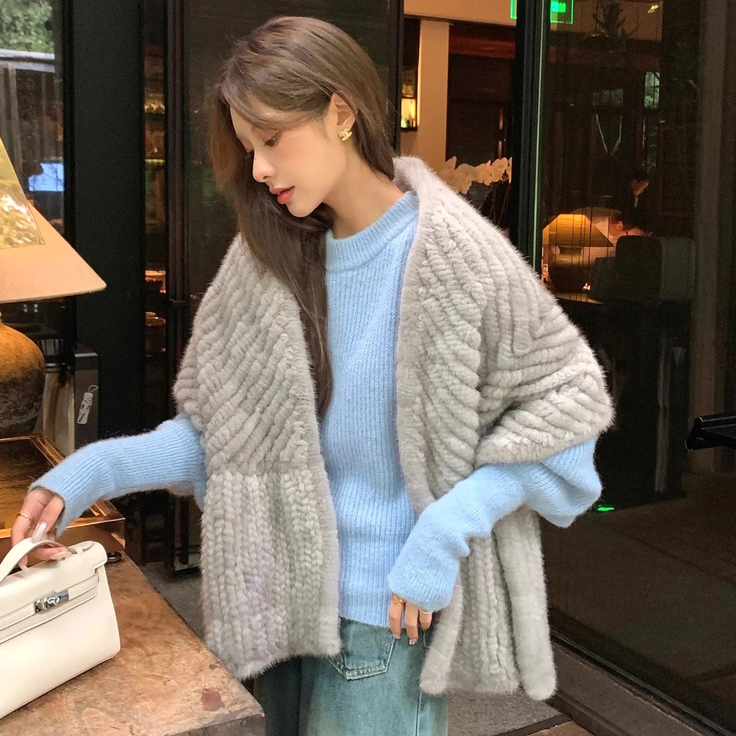New mink woven women's scarf autumn and winter twill shawl warm herringbone scarfs fur Knitting high quality fishtail Scarves