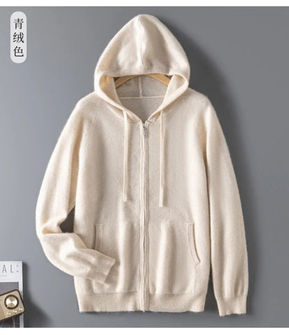 DjzDsm Autumn and Winter100% Merino Wool Men's Knitted Top Zipper Hoodie Zipper Cardigan Knitted Coat Sweater Hoodie