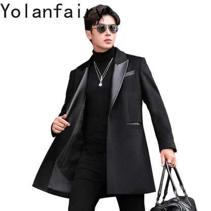 YOLANFAIRY 2025 Autumn Genuine Sheepskin Patchwork Wool Coat Man Clothing Men's Mid-length Suit Windbreaker Trendy Woolen Jacket