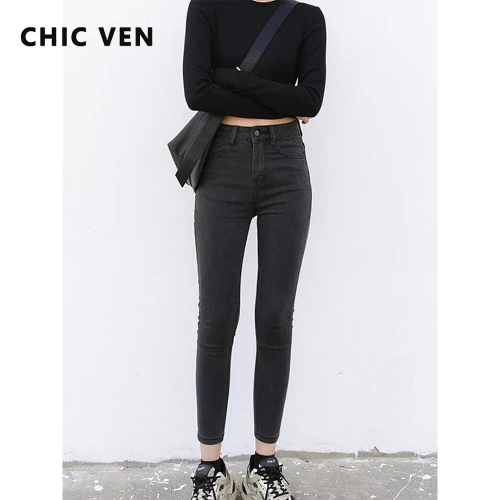 CHIC VEN Women Jeans Solid Slim Retro High Waisted Small Leg Denim Pant Skinny Pant Spring Autumn 2026