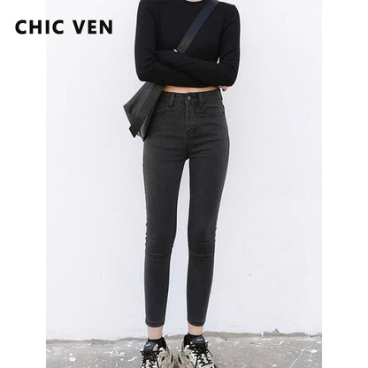 CHIC VEN Women Jeans Solid Slim Retro High Waisted Small Leg Denim Pant Skinny Pant Spring Autumn 2026