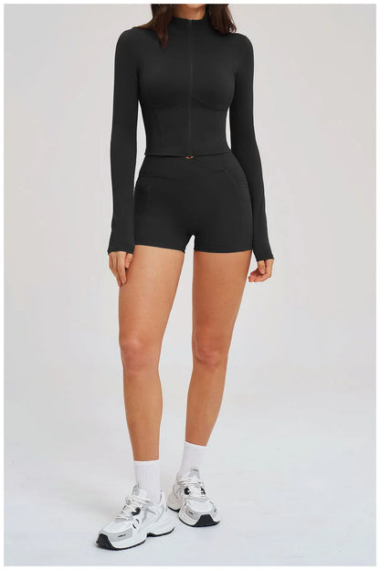 2PCS Yoga Suit Women's Tracksuit Gym Clothing Sportswear Female Workout Long Sleeve Sports Suit High Waist Cycling Shorts Set
