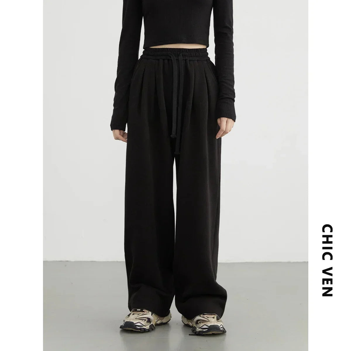 CHIC VEN Women's Pant Streetwear Solid Loose New Drawstring Sports Casual Trousers High Waisted Pants Autumn Winter 2025
