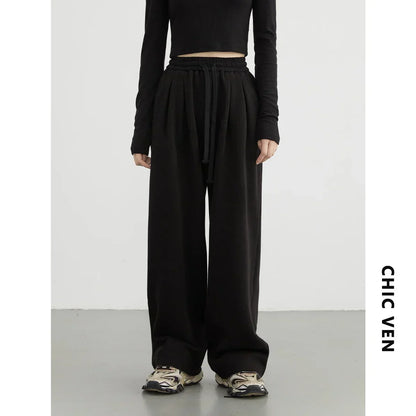 CHIC VEN Women's Pant Streetwear Solid Loose New Drawstring Sports Casual Trousers High Waisted Pants Autumn Winter 2025