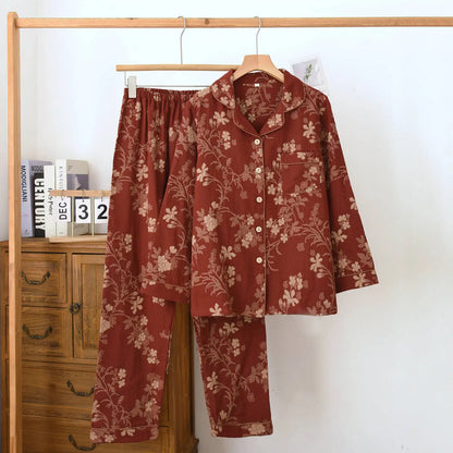 2026 new spring and summer women's pajamas suit long-sleeved trousers two-piece 100% cotton crepe flower leaves home clothes