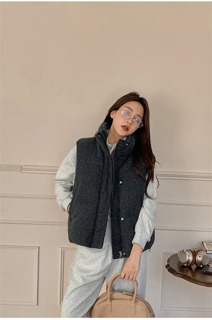 Short Down cotton Vest Women's 2025 Korean Fashion New Stand-up Sleeveless Zipper Student Vest Jacket Black Gray Waistcoat Tide
