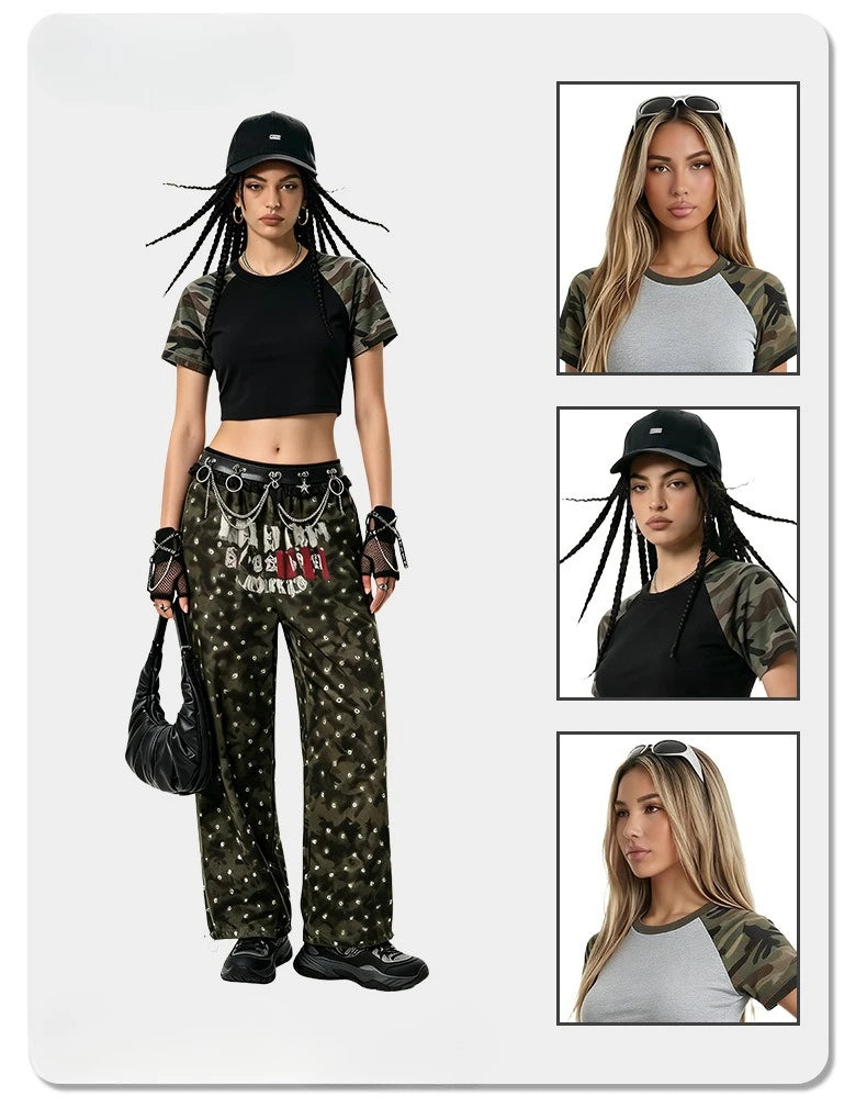 Custom LOGO Women's American Street Spice Girl Camouflage Ragged Short Sleeve T-Shirt 210G Cotton Slim-fit Contrast Top