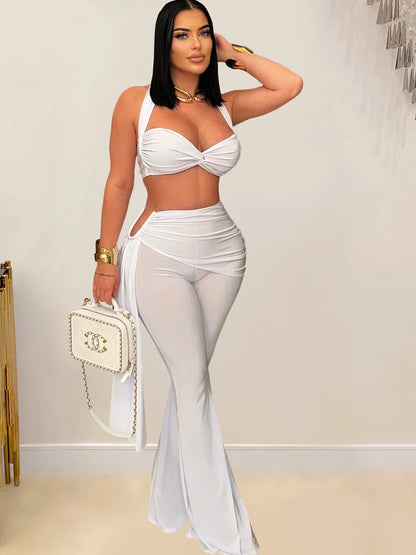 Beyprern New Chic Twist Front Crop Top And Long Straps Wide Legs Pants Set Womens Ruched Metal Tracksuits Set Night Out Overalls