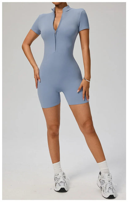 TRY TO BN Sports Jumpsuit Zipper Short Sleeves Yoga Sportswear Fitness Workout Bodysuit One Piece Suits Tights Gym Woman Clothes